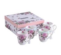 Lot de 4 tasses à thé et café en porcelaine avec motif oiseau, rose, papillon, style shabby chic, dans une boîte cadeau, 330 ml