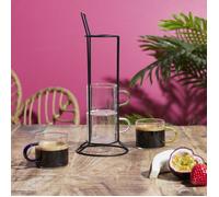 HOME DECO FACTORY - KA0498 Tasse Expresso en Verre avec Support - Design Moderne et Élégant - Idéal pour Café, Thé et Desserts - Set de 4, 80ml - Transparent, Multicolore