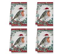Lot de 4 torchons de cuisine rustiques rouge-gorges de Noël avec baies d'eucalyptus de Noël absorbants et doux, 40,6 x 61 cm