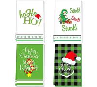 Lot de 4 Torchons de Cuisine,Torchon Vaisselle de Noël,Torchons deNoël,DéCoration NoëL d'hiver,Cuisine Vaisselle,motif à carreaux,Doux et absorbants,Christmas Home Decorations,40 x 60 cm (Vert)