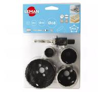 Lot de 4 trépans HSS bi-métal D. 22/35/44/68 mm + Mandrin, Foret, Adaptateur - LEMAN - 3004