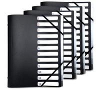 Lot de 4 Trieurs A4 12 compartiments avec rangement 3 rabats - Polypropylène noir résistant, fermeture élastiques, intercalaires polypro - Compartiments numérotés et identifiables - Classement bureau