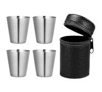 Lot de 4 verres à shot en acier inoxydable de 30 ml avec un étui de transport en cuir synthétique noir pour camping, voyage, café, thé, tasse argentée, étui noir