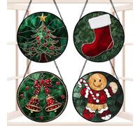 Lot de 4 vitraux de Noël en acrylique coloré | Attrape-soleil en verre teinté pour femmes, hommes, papa, maison, ferme, porte, terrasse, fenêtre, décoration de jardin
