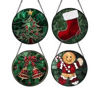 Lot de 4 vitraux de Noël en acrylique pour loisirs créatifs | Attrape-soleil en verre teinté pour homme, papa, maman, maison, ferme, porte intérieure, terrasse, fenêtre, jardin, balcon