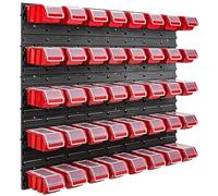 Lot de 40 boîtes de rangement empilables en plastique rouge avec couvercle et panneau murale 96,5 x 78 cm, bacs a bec a accrocher pour clous vis, garage, atelier