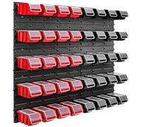 Lot de 40 boîtes de rangement empilables en plastique rouge noir avec couvercle et panneau murale 96,5 x 78 cm, bacs a bec a accrocher pour clous vis, garage, atelier