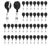 Lot de 40 porte-badges rétractables ronds noirs avec cordon de 70 cm | JEUIHAU Coque ABS durable, ceinture à clip, corde en nylon extensible, bouton-pression pivotant, pour le bureau, le travail