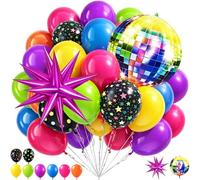 Lot de 42 ballons multicolores - Décoration de fête fluo - Jaune, rose, citron vert, orange, bleu, violet - Étoile et boule disco - Décoration pour fêtes à thème et anniversaires des années 80 et 90