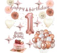 Lot de 47 guirlandes en or rose pour 1er anniversaire, guirlande Happy Birthday, ballons en aluminium en forme d'étoile, ballons en forme de cœur, décoration de gâteau d'anniversaire, fleurs en papier