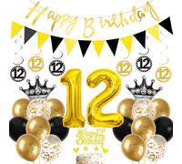 Lot de 49 ballons décoratifs pour 12e anniversaire garçon - Noir doré - Avec bannière Happy Birthday - Chiffre 12 ans - Guirlande de ballons pour anniversaire d'enfant