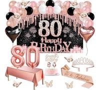 Lot de 49 bannières noires pour 80e anniversaire pour femme, bannière Happy 80th Birthday, nappe, décoration papillon, cravate et diadème, décoration de gâteau, arche de ballons