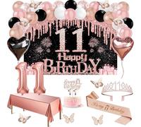 Lot de 49 décorations d'anniversaire pour fille de 11 ans - Bannière Black Rose Gold Black Happy 11th Birthday - Nappe - Décoration de papillon - Cravate et diadème - Décoration de gâteau - Arche de