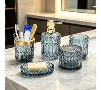 Lot de 5 Accessoires de Salle de Bain avec Distributeur de Lotion, Porte Savon, Porte Brosse à Dents, Gobelet, Pots de Cotons-Tiges, Ensemble Salle de Bain en Verre, Décoration de Bain Moderne