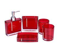 Lot de 5 Accessoires de Salle de Bain en Acrylique 1 Distributeur de Savon, 1 Porte Brosse à Dents, 1 Porte-Savon et 2 Tasses de Gargarisme Déco Moderne, Ensemble d'accessoires de Salle de Bain Rouge