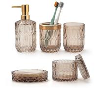 Lot de 5 Accessoires de Salle de Bain en Verre Brun avec Distributeur de Lotion, Porte Savon, Porte Brosse à Dents, Gobelet, Pots de Cotons-Tiges, Décoration de Bain Moderne, Cadeau Vintage
