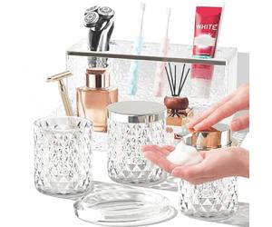 Lot de 5 accessoires de salle de bain en verre cristal - Distributeur de savon moussant, porte-savon, tasse, support de brosse à dents en acrylique avec plateau de rangement, bocal Qtip et comptoir de