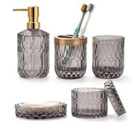 Lot de 5 Accessoires de Salle de Bain en Verre Gris avec Distributeur de Lotion, Porte Savon, Porte Brosse à Dents, Gobelet, Pots de Cotons-Tiges, Décoration de Bain Moderne, Cadeau Vintage