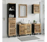Lot de 5 armoires de salle de bain en bois de manguier avec miroir Naturel | Bois de manguier massif, boutons en laiton, montage mural, armoire de lavabo, miroir, armoire haute, armoire suspendue