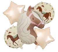 Lot de 5 Ballons Aluminium Cheval, Déco Fête Thème Cheval avec Nœuds | Comprenant Ballon Blanc, Étoile à Cinq Branches, Idéal pour Anniversaire de Petits Amoureux des Chevaux et Poneys