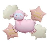 Lot de 5 ballons en aluminium motif mouton rose avec inscription « Happy Birthday » en forme d'étoile et de nuage pour fête d'enfants, fête prénatale, décoration de fête sur le thème des animaux de la