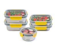 Pika - Lot de 5 boites alimentaires en inox et couvercle en verre trempé - Ronde : 650ml - Rectangle : 2x 820ml + 2x1200ml - Compatible micro-ondes - MetalShock
