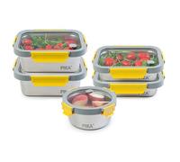 Pika - Lot de 5 boites alimentaires en inox et couvercle en verre trempé - Ronde : 650ml - Rectangle : 2x 820ml + 2x1200ml - Compatible micro-ondes - MetalShock