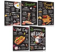 Lot de 5 Cuisine Plaque Metal Vintage avec Recette Guide de Manger 20x30cm - SPAGHETTI,HOT DOG,FRENCH FRIES,EGGS Bacon,HOT COCOA - Rétro Affiche Deco Murale Cadeau en Panneau Pancarte (B)