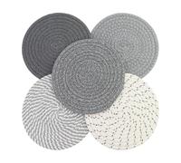 Lot de 5 dessous de plat résistants à la chaleur - Ronds - Coton - Fil de tissage - Absorbants - Pour cuisine, bol, casserole, poêles, théière et assiettes - Gris
