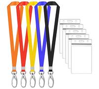 Lot de 5 ID Carte Porte-Badges avec Cou Sangle Cordon, Plastique Nom Porte Badge avec Tour de Cou Lanyard, Étanches Étui pour D'identité avec Lanière pour Bureau Ecole (Multicolore, Vertical)