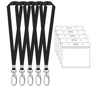 Lot de 5 ID Carte Porte-Badges avec Cou Sangle Cordon, Plastique Nom Porte Badge avec Tour de Cou Lanyard, Étanches Étui pour D'identité avec Lanière pour Bureau Ecole (Noir, Horizontal)