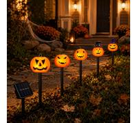 Lot de 5 lampes solaires décoratives d'Halloween en forme de citrouille, assortiment de Jack O'Lanterns avec chapeau de sorcière, lumière chaude pour la décoration extérieure de jardin et de maison