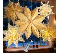 Lot de 5 lanternes de Noël en papier avec lumière LED - Grande lanterne en forme d'étoile jaune à suspendre - Lanterne flocon de neige creuse à suspendre pour Noël, vacances, mariage, fête