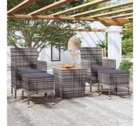Lot de 5 meubles de bistrot de jardin en polyrotin et acacia gris, table avec plateau en acacia massif, 2 chaises accoudoirs et coussins, 2 repose-pieds, cadre en acier, facile à