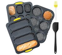 Lot de 5 Moules à Pain Silicone Antiadhésif, Moule à Baguette Français Perforé 4/6/9 Cavités, Plaque de Cuisson Pain Maison avec Brosse et Spatule, Accessoires Pâtisserie (Noir)