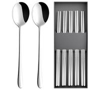 Lot de 5 paires de baguettes chinoises avec 2 cuillères en acier inoxydable, baguettes japonaises à sushis - En métal coréen - Réutilisables - Pour la maison, le restaurant