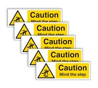 Lot de 5 panneaux de sécurité en vinyle autocollant « Caution Mind the Step » - Très visible et durable - 300 mm x 100 mm