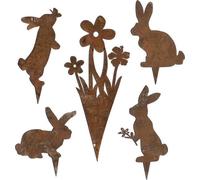 Lot de 5 piques de jardin en forme de lapin de Pâques, figurines rouillées, piques à fleurs, décoration