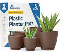 Lot de 5 Pots de Fleurs en Plastique avec Trous de Drainage - Légers, durables et Peu encombrants - pour l'intérieur et l'extérieur - Fonctionnalité Polyvalente - Design Simple et Moderne - Marron