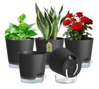 Lot de 5 pots d'intérieur auto-arrosables de 20 cm, en plastique, avec réservoir d'eau, de couleur noire