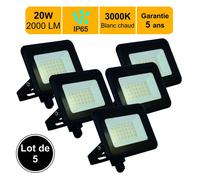 Lot de 5 projecteurs LED 20W/IP65/IK10/1800lm/3000K connexion directe - sans câble - garantie 5 ans