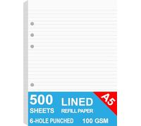 Lot de 5 recharges de papier ligné A5 pour agenda/classeurs/organiseurs Filofax, perforé à 6 trous, total 500 feuilles/1000 pages, 100 g/m², blanc, 14 x 21 cm