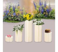 Lot de 5 supports cylindriques pliables en papier pour fêtes, table cylindrique, table cylindrique, colonne romaine en carton, présentoir à gâteaux, support de socle pour mariage (blanc crème)