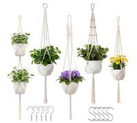 Lot de 5 suspensions pour plantes, suspensions artisanales en corde de coton avec 10 crochets, pots de fleurs décoratifs pour l'intérieur et l'extérieur, 2 tailles : 4 x 105 cm et 1 x 140 cm