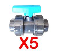Lot de 5 Vannes à coller 50mm 1"1/2 double union démontable PVC Pression PN16 Vanne à boisseau 50 mm 5cm