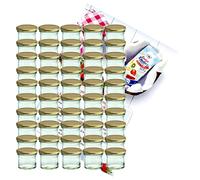 Lot de 50 bocaux MamboCat - En verre incassable - Contenance de 125 ml - To 66 - Avec couvercle doré - Idéal pour confiture - Avec livre de recettes de gelées (français non garanti)