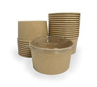 Lot de 50 Bols/saladiers alimentaires en carton kraft biodégradables avec couvercles - vaisselle jetable recyclable pour restauration, vente à emporter, livraison, déjeuner, repas (50, 750ml)