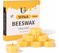 Lot de 50 bougies chauffe-plat en cire d'abeille, 4 heures de combustion | Avec mèche en coton, fabriquée à la main, non toxique et respectueuse de l'environnement, pour la détente, les festivals
