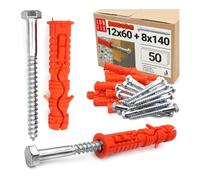 Lot de 50 chevilles, 12 x 60 mm, nylon et galvanisés, pour charges lourdes | vis à tête hexagonale 8 x 140 mm, Chevilles à percussion, pour béton, brique, blocs creux