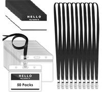 Lot de 50 étuis à cartes avec lanière, porte-badges avec lanière, porte-badges avec porte-cartes, porte-badges avec lanière pour usage professionnel, salons et bureau (noir)